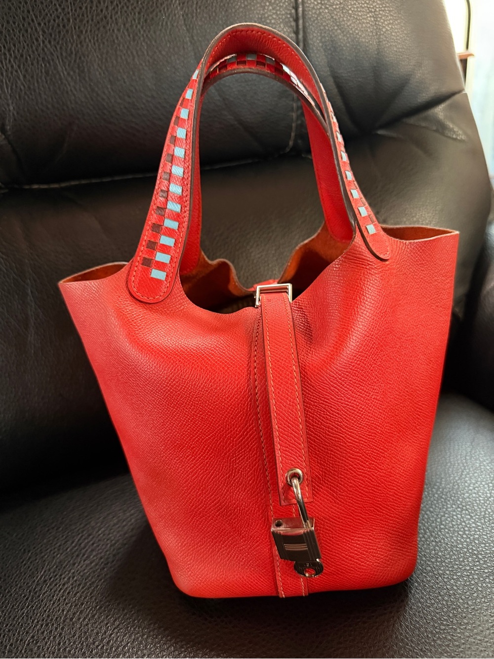 Hermes Red Leather Tote with Square Accent Handles